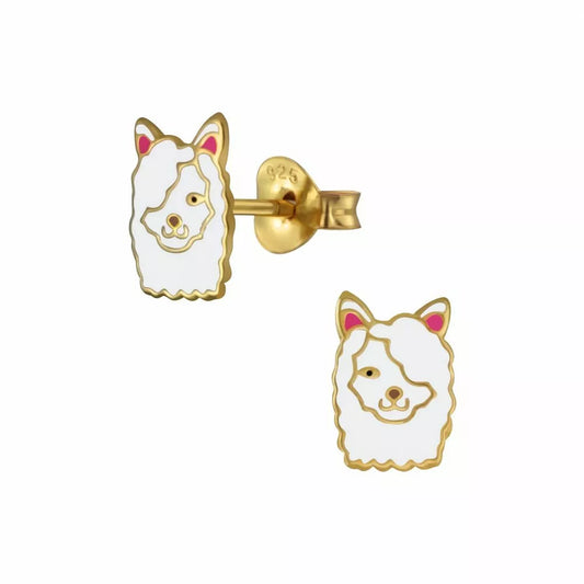 Melchior Jewellery cute llama earrings for kids in gold and white enamel childrens studs