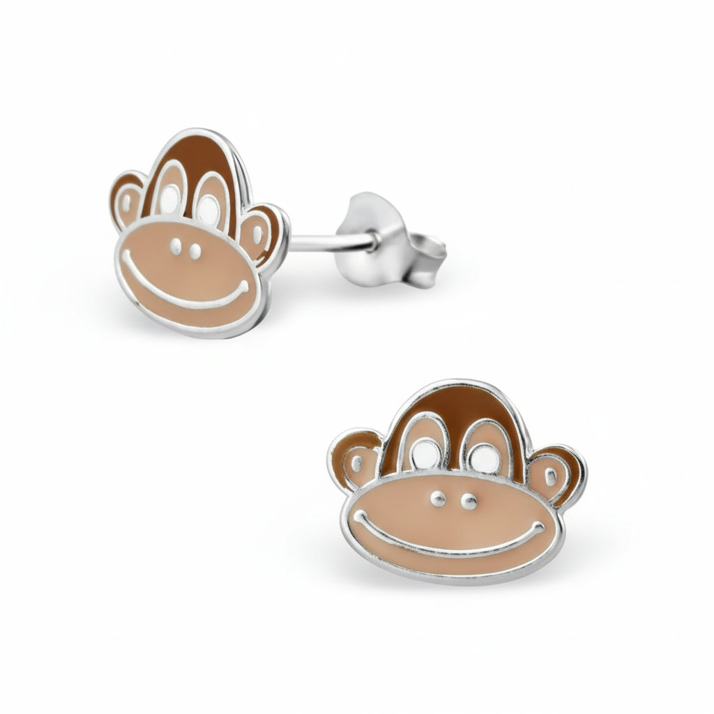 Cute monkey earrings for children in silver with brown and beige enamel by Melchior Jewellery