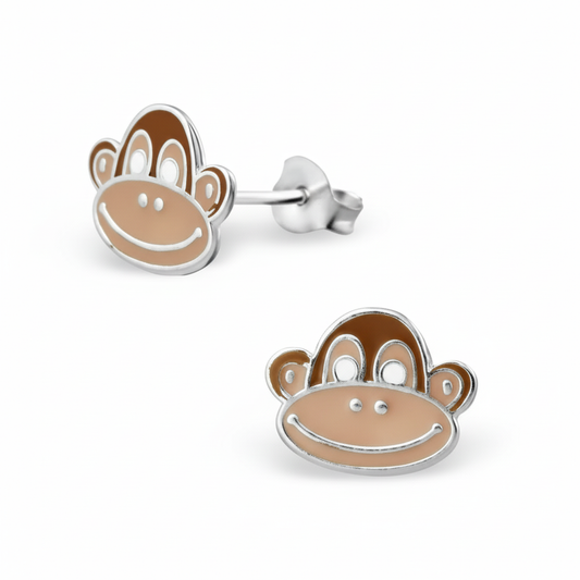 Cute monkey earrings for children in silver with brown and beige enamel by Melchior Jewellery