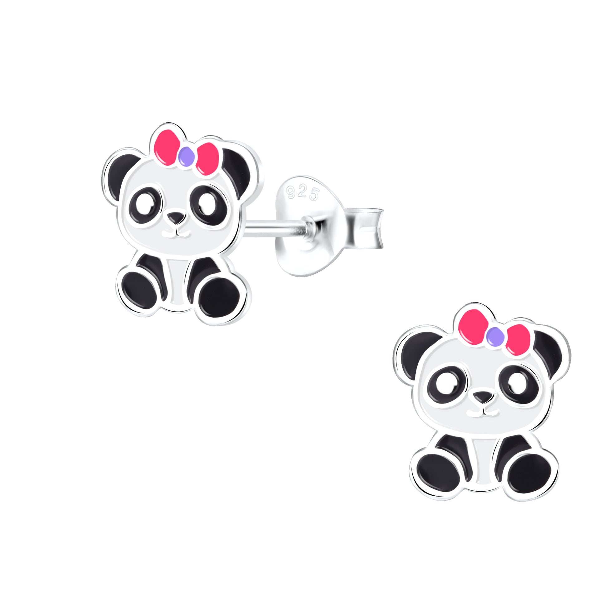 Cute panda earrings for children by Melchior Jewellery featuring silver studs with pink bow details
