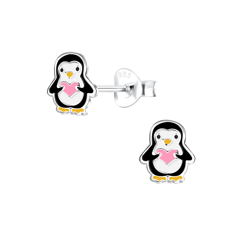 Melchior Jewellery cute penguin stud earrings for kids in silver with pink heart detail