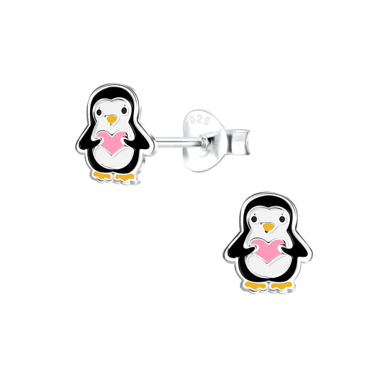 Melchior Jewellery cute penguin stud earrings for kids in silver with pink heart detail
