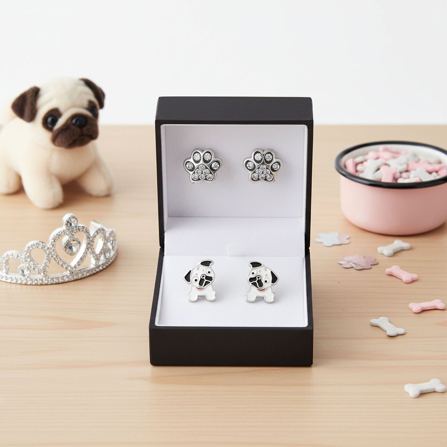 Silver cute pet themed earrings for children with sparkling paw prints and cartoon dog designs in a black box