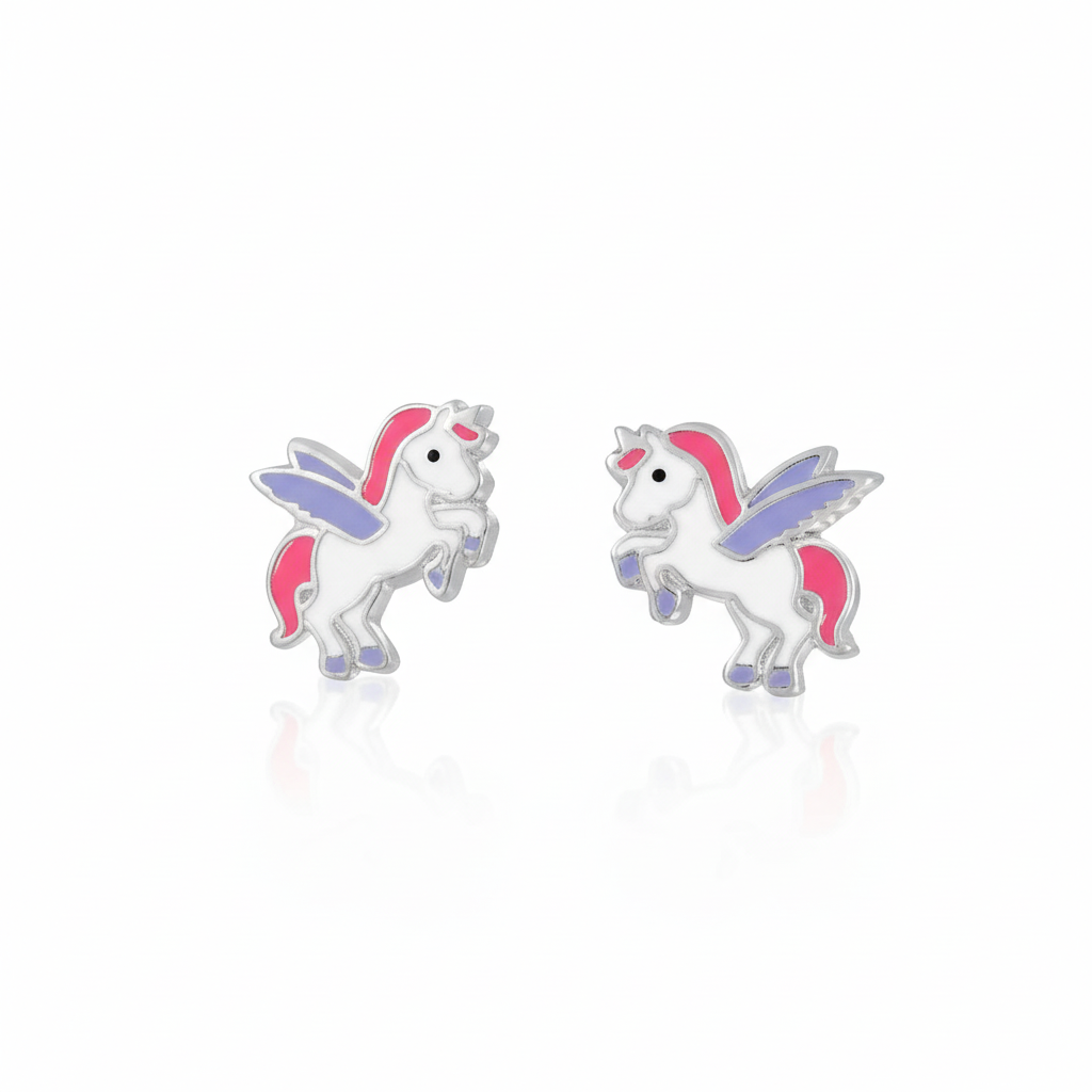 Cute silver unicorn earrings for children by Melchior Jewellery with pink and purple details