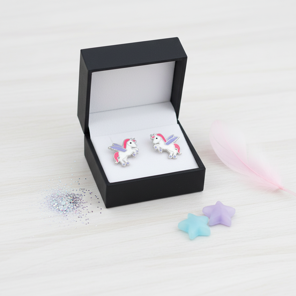 Cute silver unicorn earrings for children displayed in black Melchior Jewellery box with decorative stars and pink feather