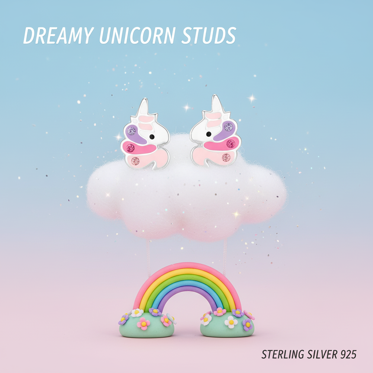 Cute unicorn CZ earrings for kids by Melchior Jewellery sterling silver 925 studs on cloud and rainbow display