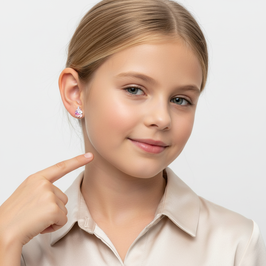 Cute unicorn CZ earrings for kids worn by smiling girl showcasing Melchior Jewellery childrens earrings