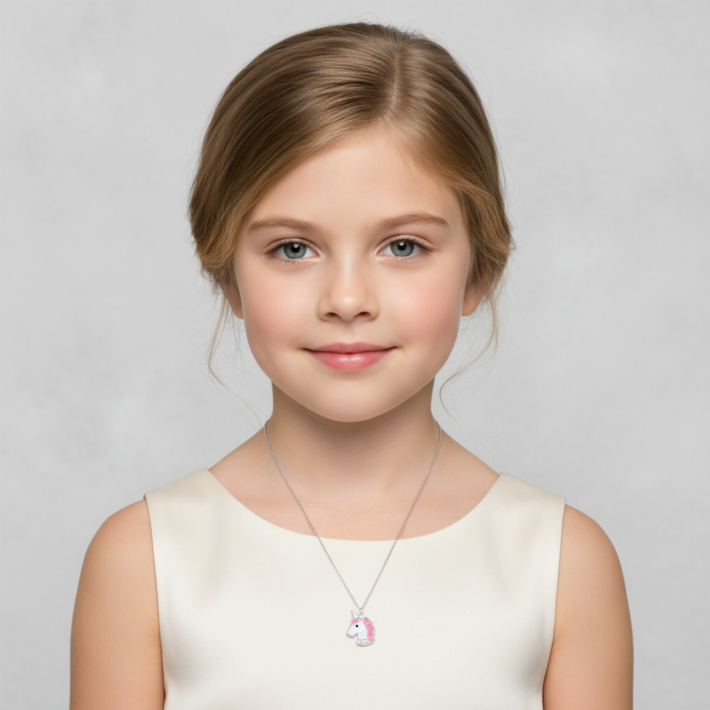 Girl wearing a cute unicorn necklace for girls by Melchior Jewellery on a silver chain