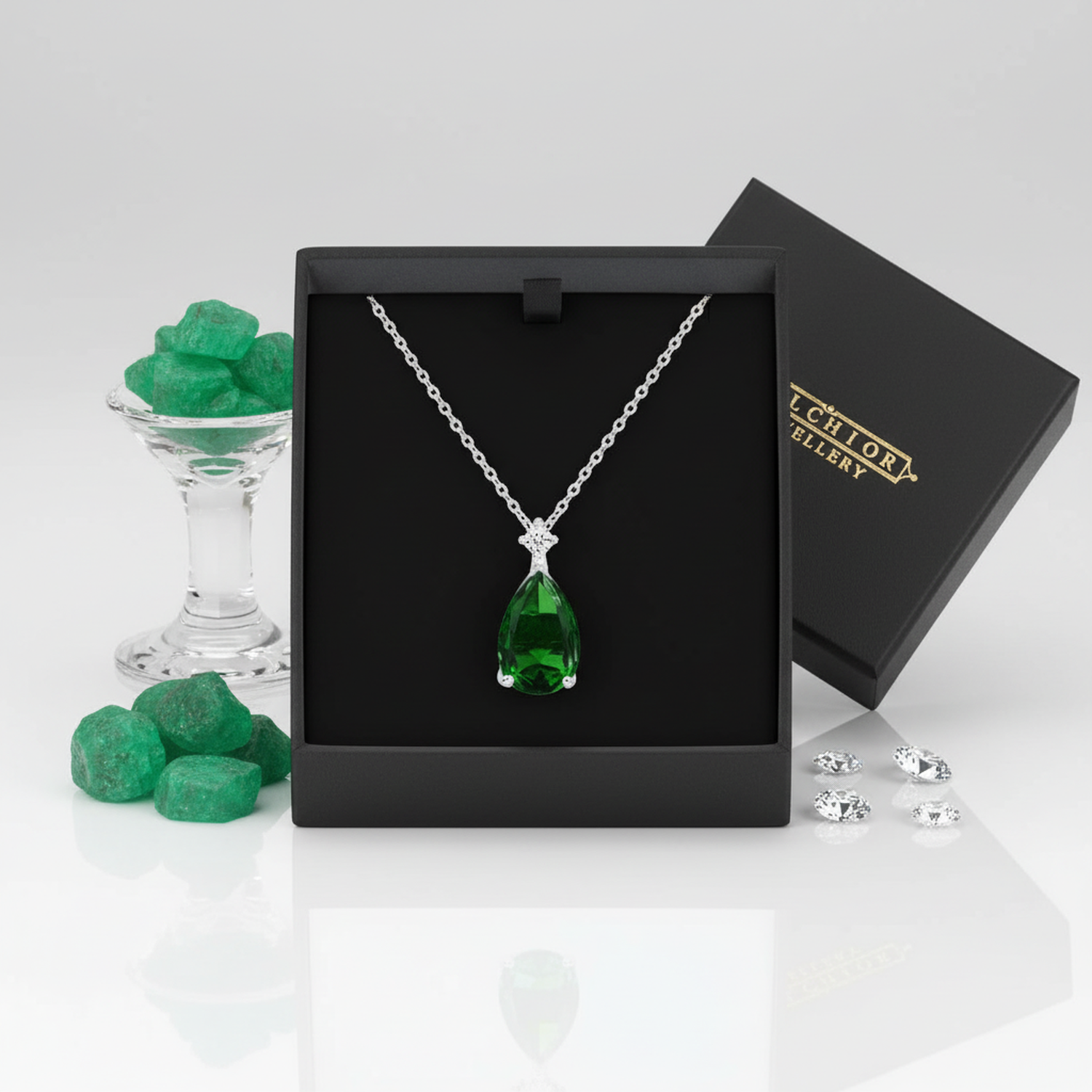 cz emerald teardrop pendant necklace with vibrant green gemstone on silver chain in black gift box