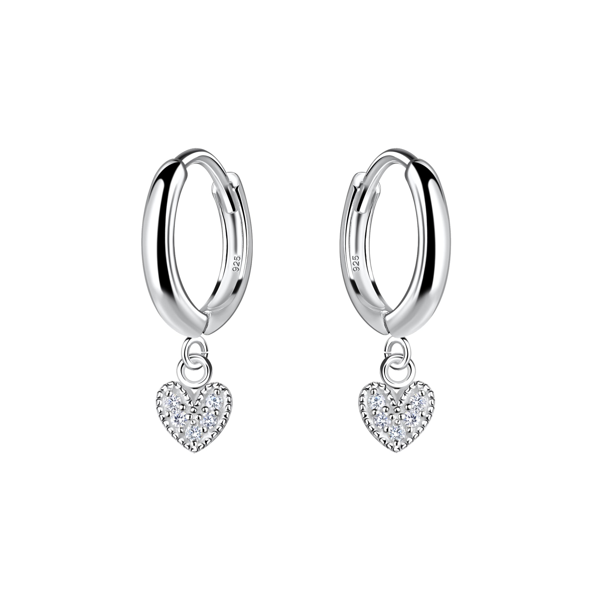 Melchior Jewellery silver hoop cz heart charm earrings for women with sparkling cubic zirconia hearts