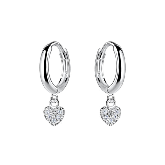 Melchior Jewellery silver hoop cz heart charm earrings for women with sparkling cubic zirconia hearts