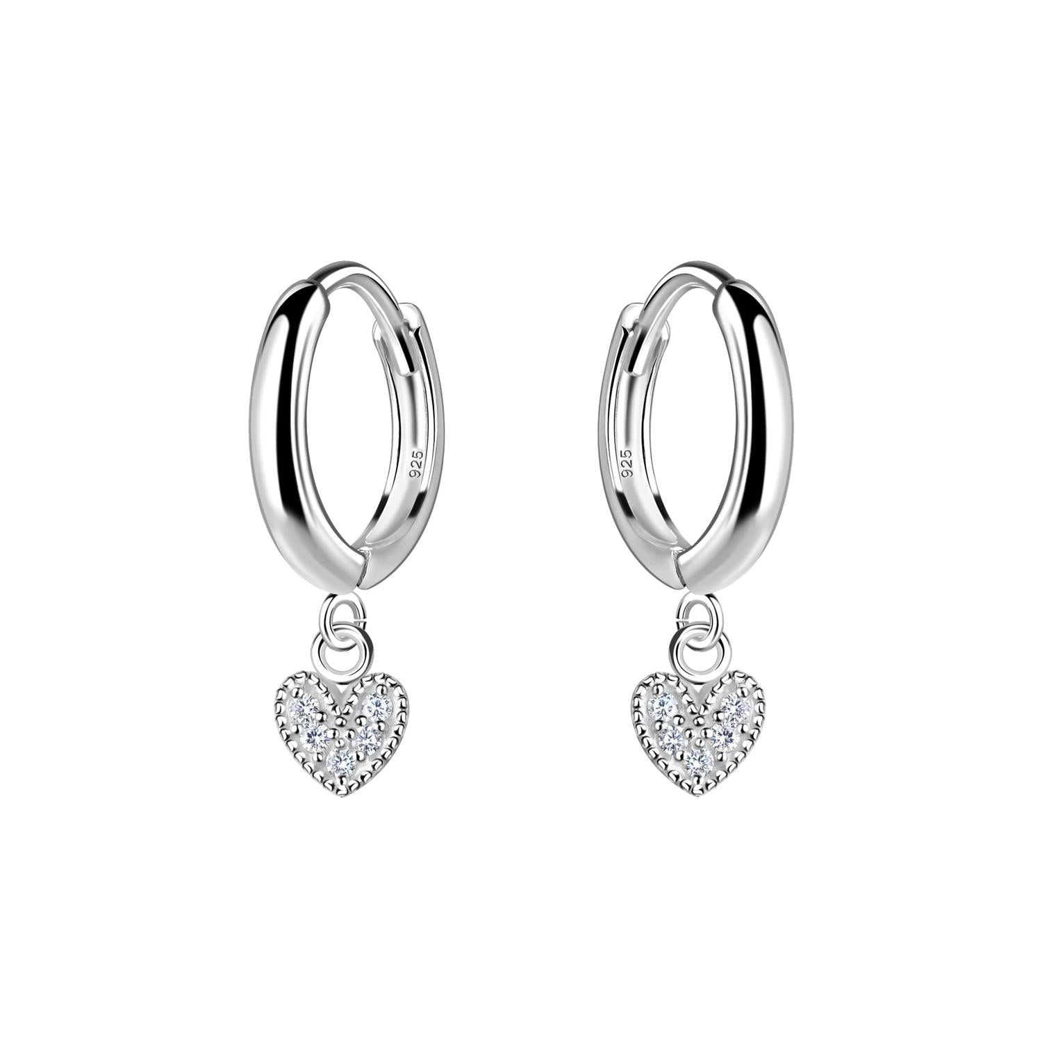 Sterling silver cz heart charm earrings for women with shiny hoop design by Melchior Jewellery