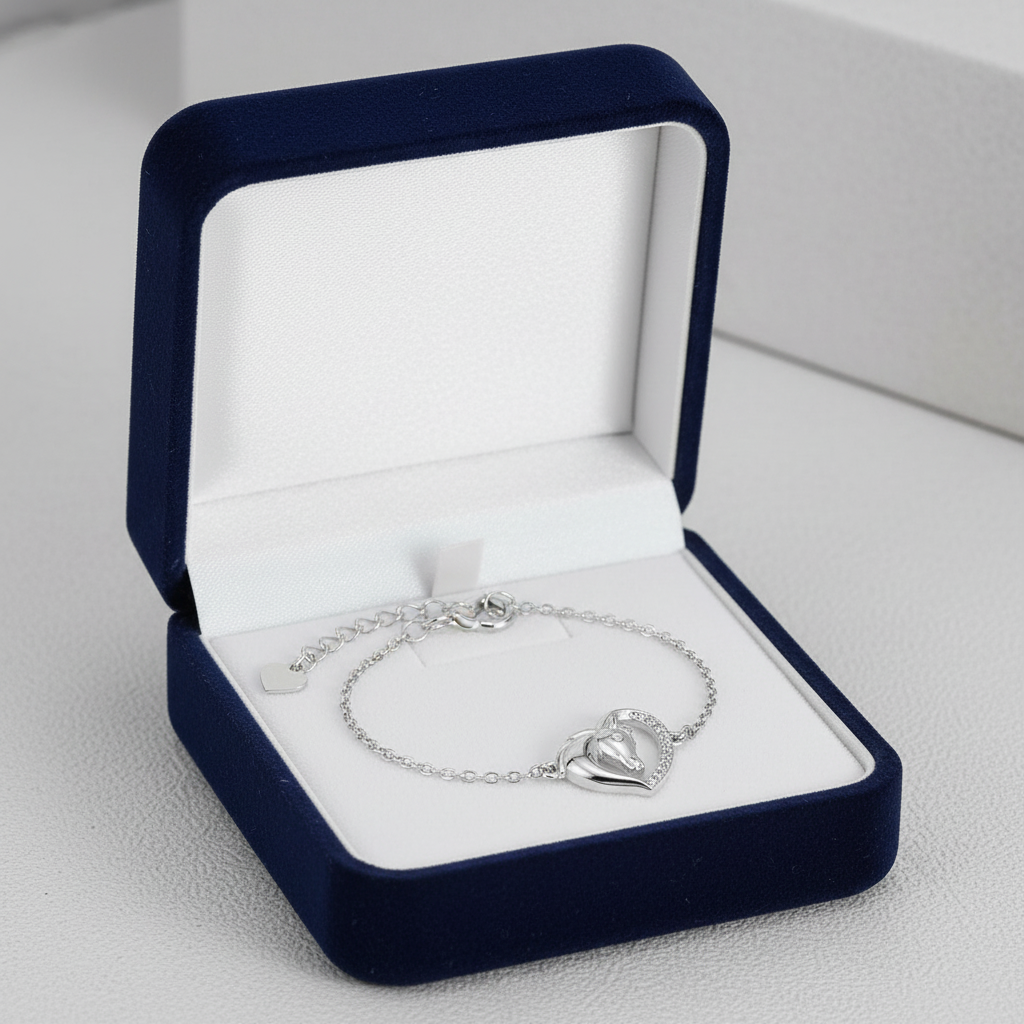 Melchior Jewellery CZ horse and heart bracelet in silver presented in a navy blue velvet box