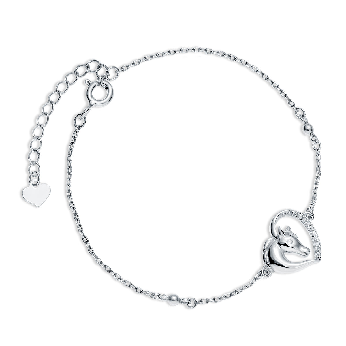 Melchior Jewellery CZ horse and heart bracelet in silver with adjustable chain and heart charm