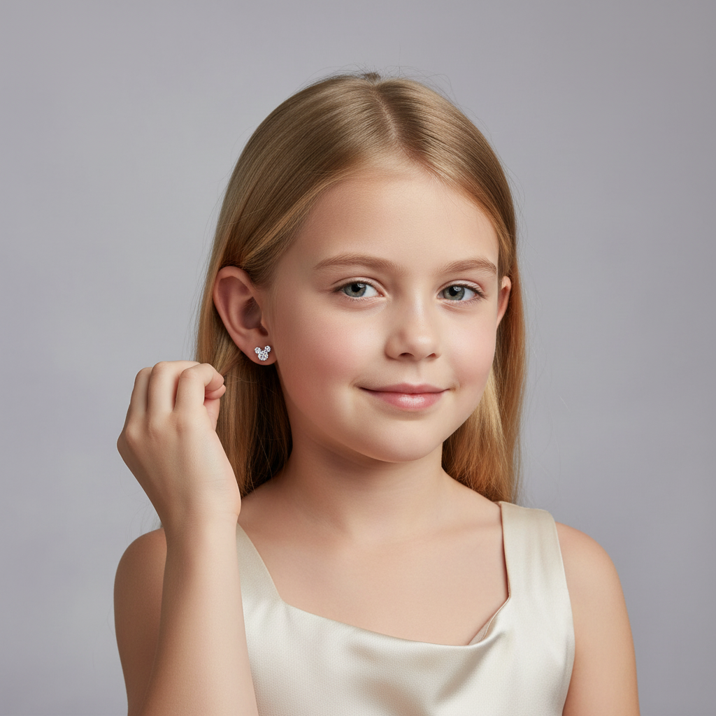 Young girl wearing cz mouse stud earrings for girls from In Season Jewellery with a soft smile