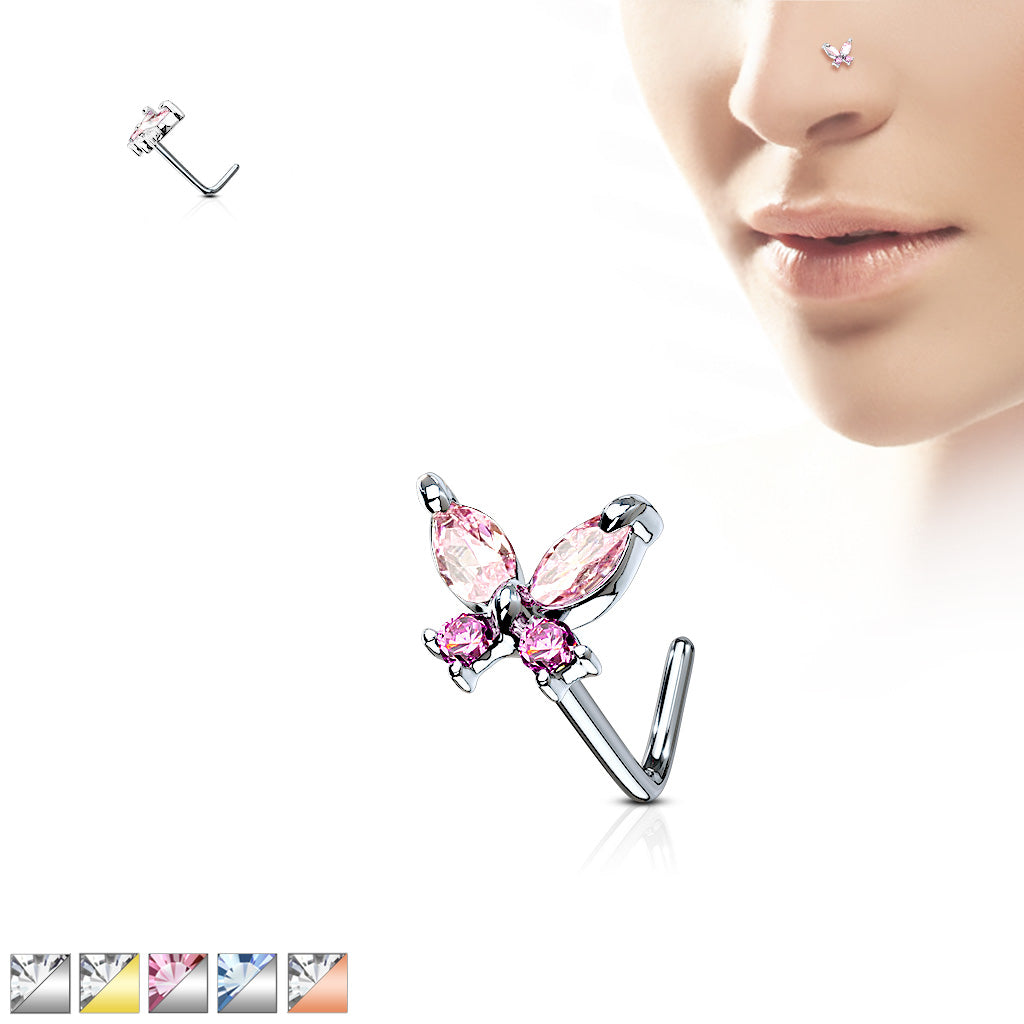 Melchior Jewellery pink butterfly CZ set surgical steel nose piercing L shaped stud on model nose