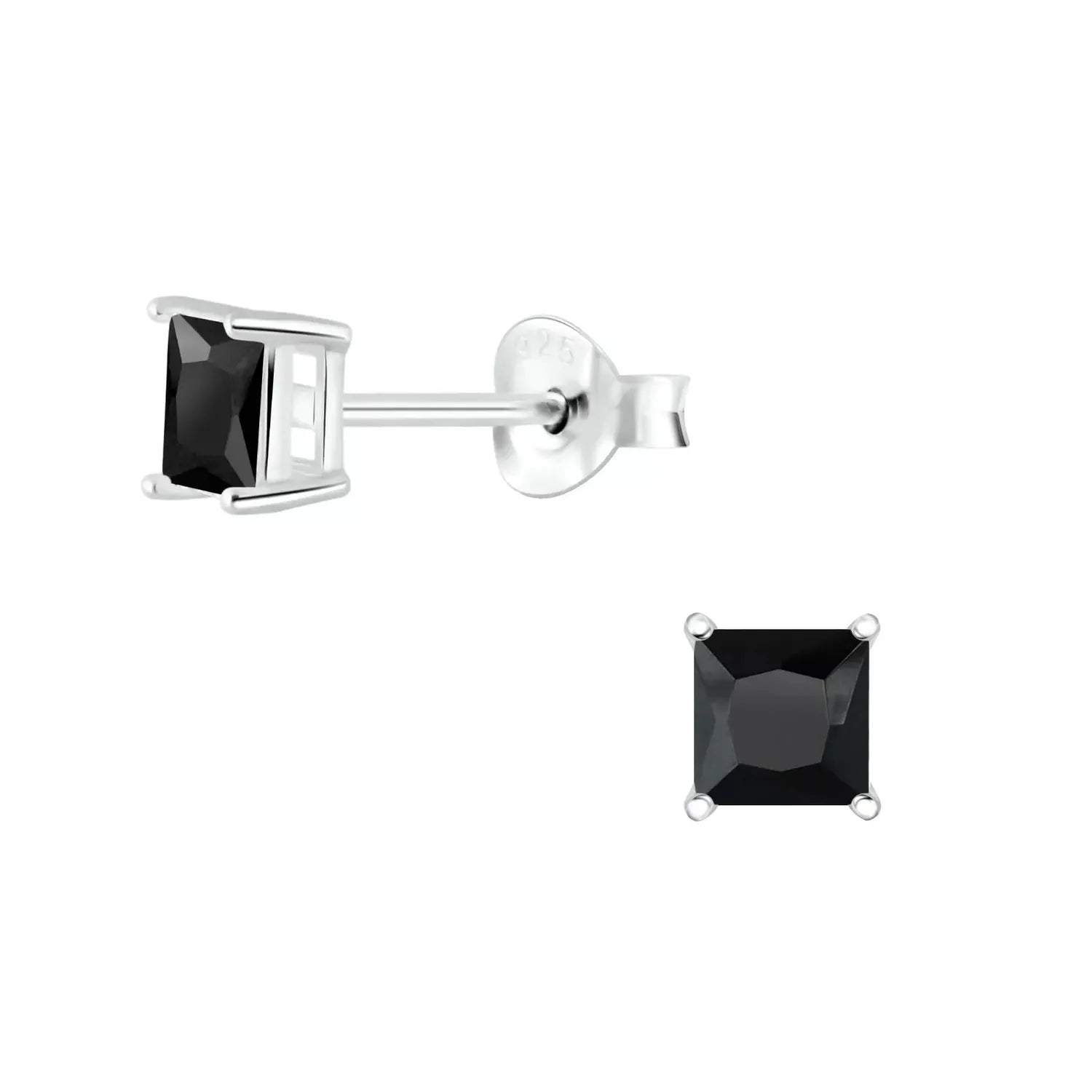 Melchior Jewellery black CZ square 4mm stud earrings with silver setting and secure backs