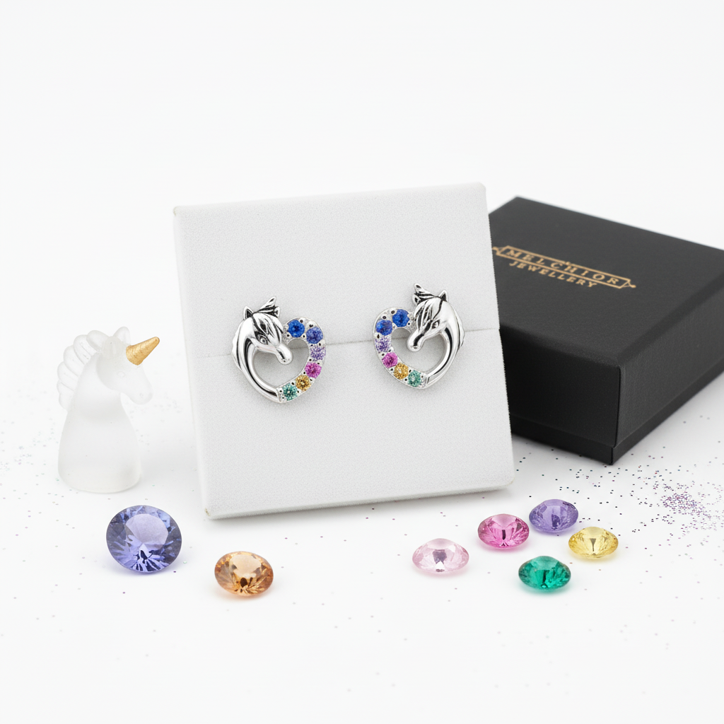 Melchior Jewellery CZ unicorn earrings for girls with multicoloured stones on silver setting