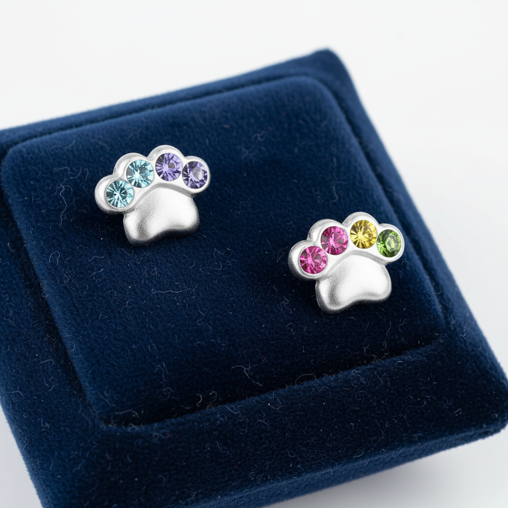 Melchior Jewellery dog paw print earrings for children with colourful gem stones on silver paw shape