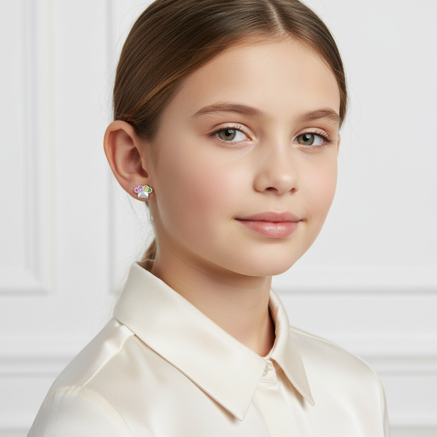 Melchior Jewellery dog paw print earrings for children worn by girl with white shirt