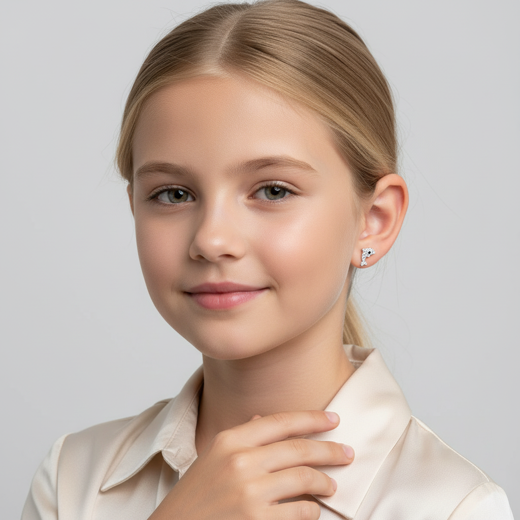 Child wearing Melchior Jewellery dolphin earrings with crystals in silver for children