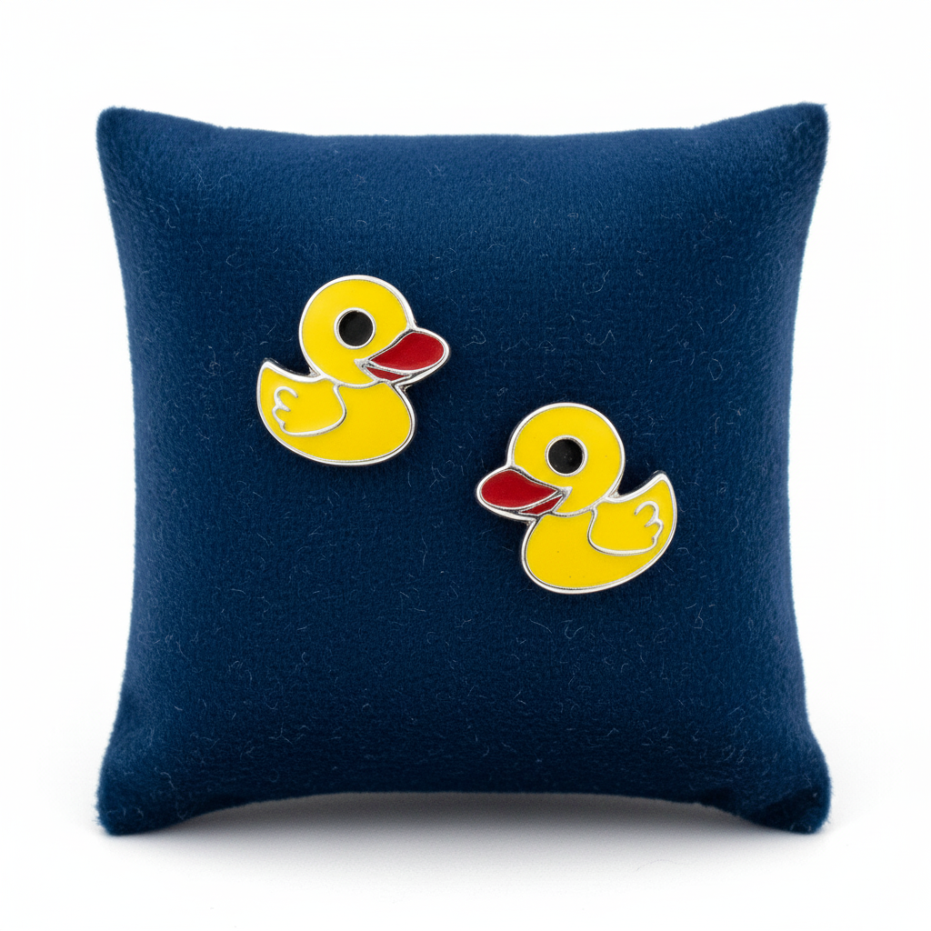 Melchior Jewellery duck stud earrings for kids in yellow and red on a navy blue pillow