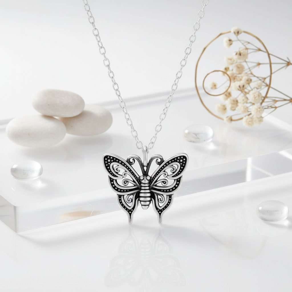 Melchior Jewellery fancy butterfly charm necklace in silver with intricate wing details on delicate chain