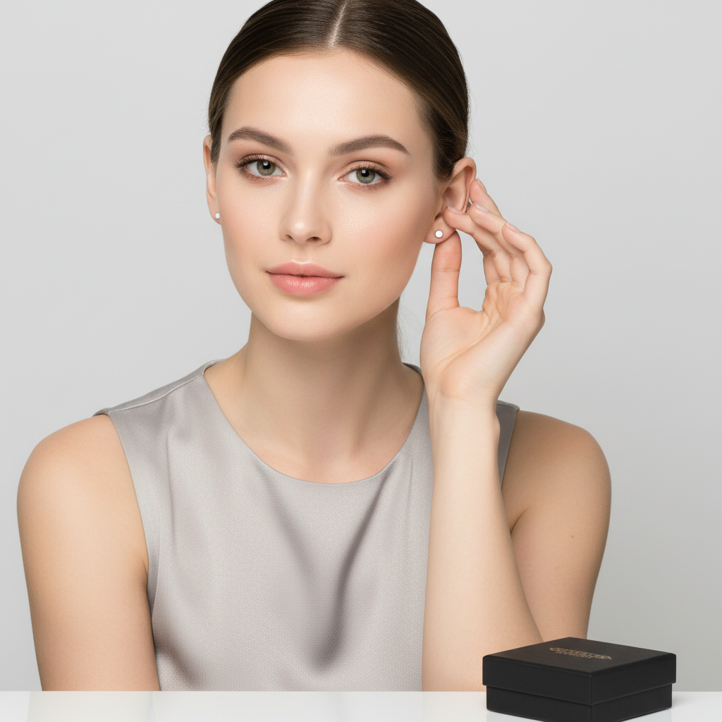 Woman wearing flat round silver stud earrings from Melchior Jewellery with elegant grey top