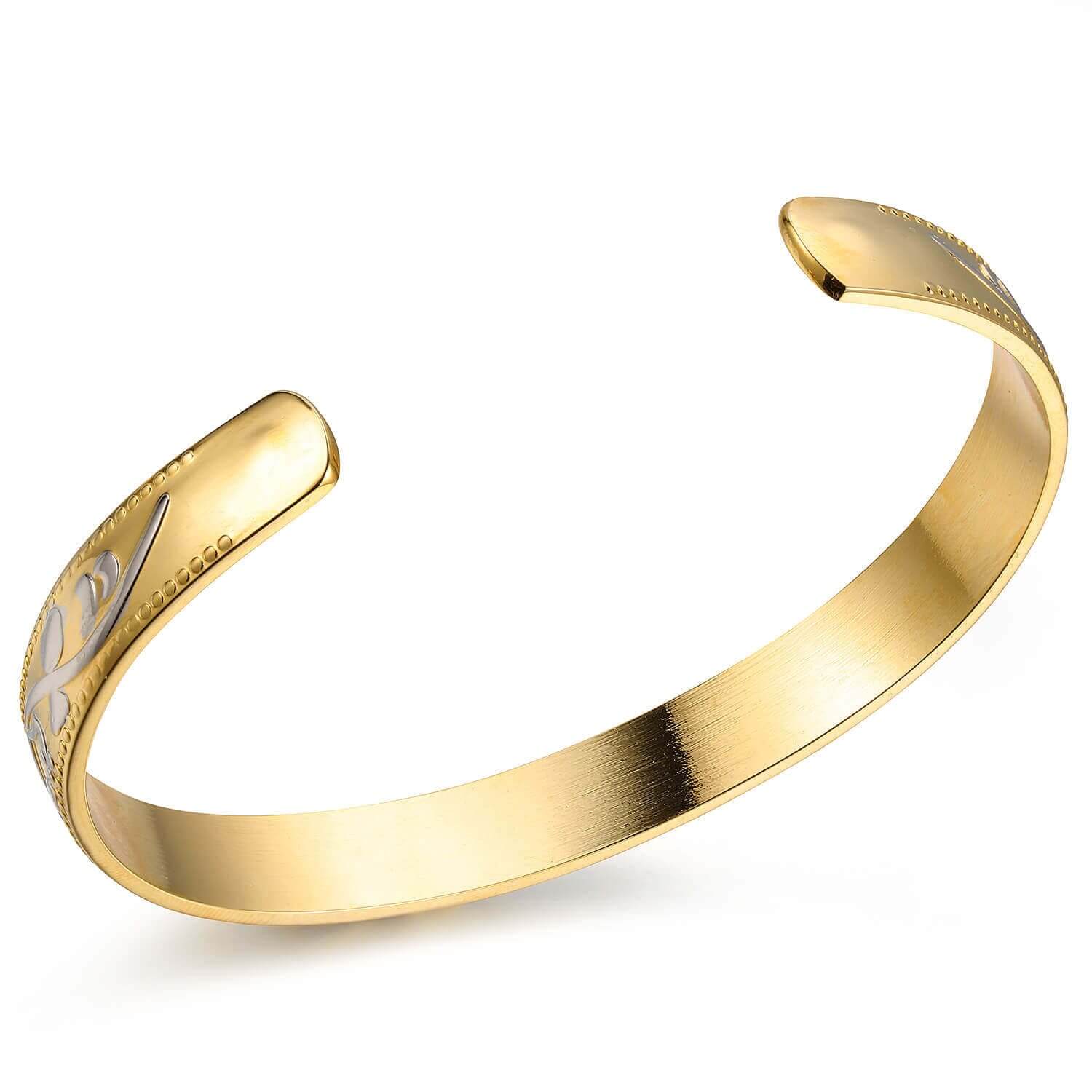 Melchior Jewellery gold open cuff with engraved floral design for wellness floral magnetic copper therapy bangle