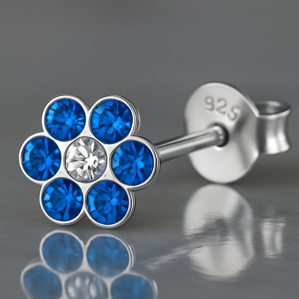 Melchior Jewellery flower stud earrings for children with blue and clear gemstones in sterling silver