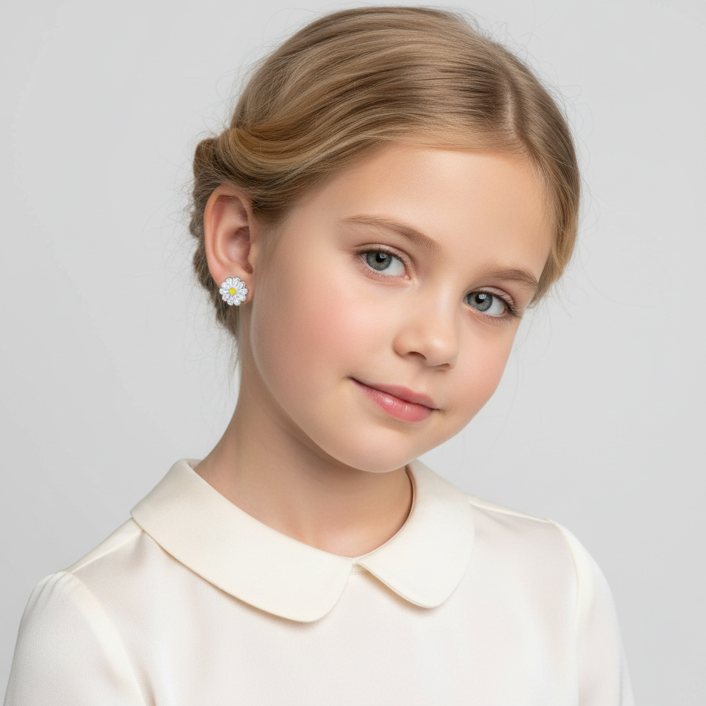 Young girl wearing flower stud earrings for children by Melchior Jewellery in white and yellow design