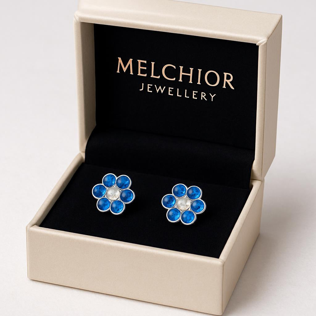 Melchior Jewellery blue and white flower stud earrings for children in a beige presentation box