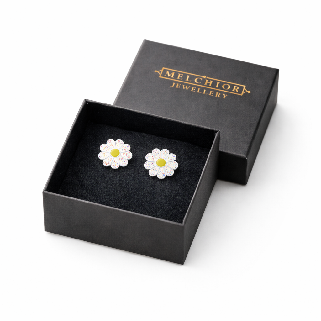 Melchior Jewellery flower stud earrings for children in black gift box with gold logo