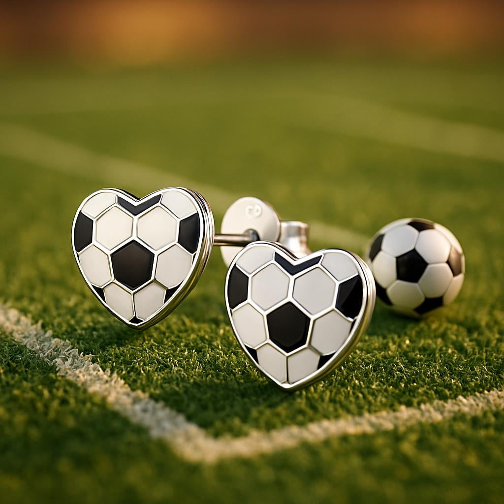 Melchior Jewellery heart-shaped football earrings for girls in black and white on grass