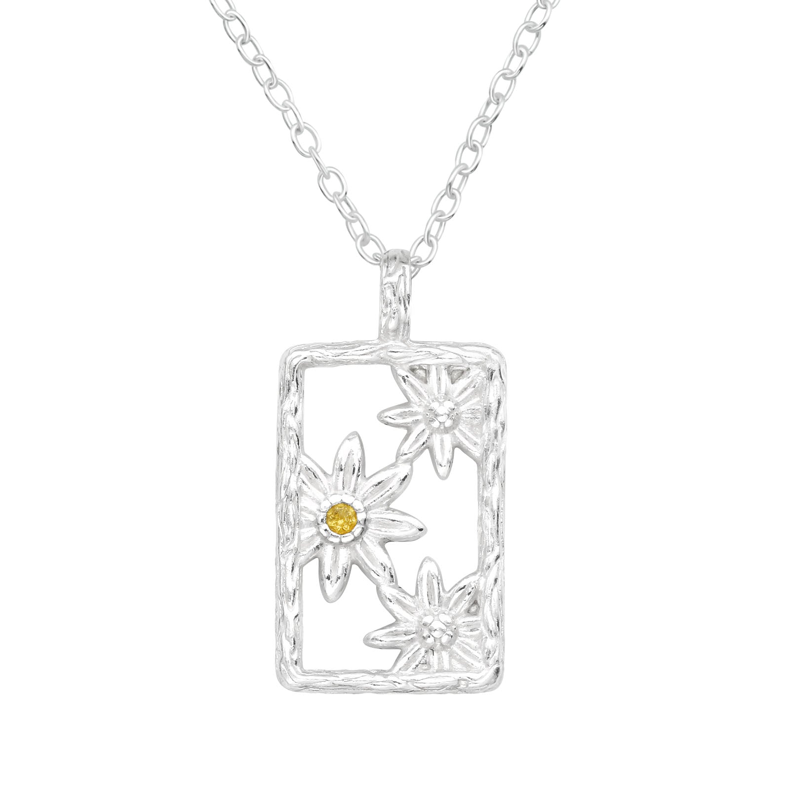 Sentiell framed flower silver necklace with rectangular pendant and three floral designs