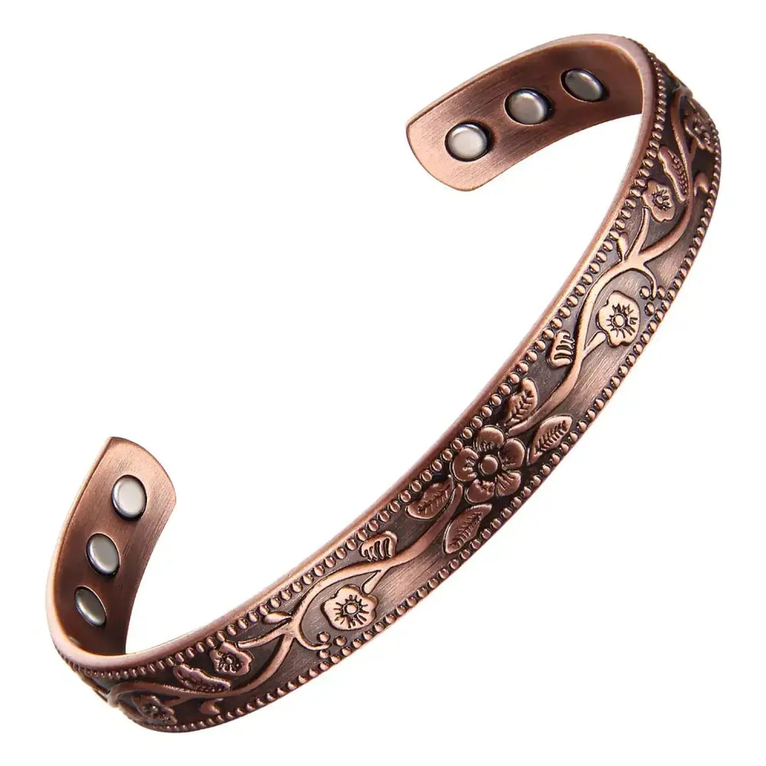 Melchior Jewellery copper floral engraved adjustable open cuff fully magnetic floral bracelet with visible interior magnets