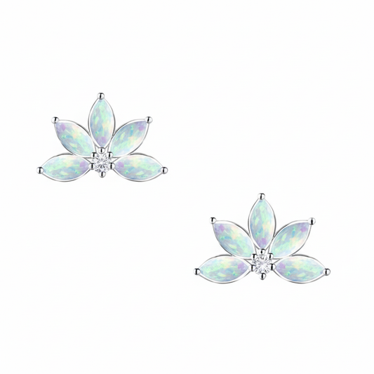 Melchior Jewellery geometric opal flower earrings with silver setting and five opal petals