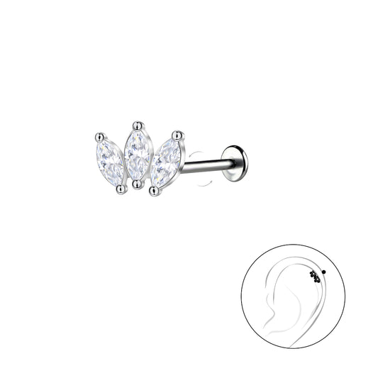 Geometric titanium labret earring from Melchior Jewellery featuring three clear marquise-cut stones