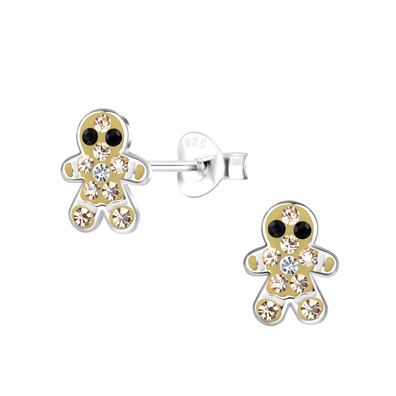Melchior Jewellery gingerbread man stud earrings for kids with sparkling stones and silver finish