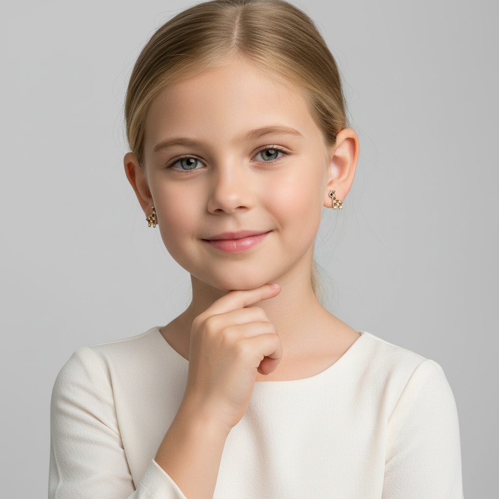Young girl wearing Melchior Jewellery giraffe shaped earrings for children with a white top