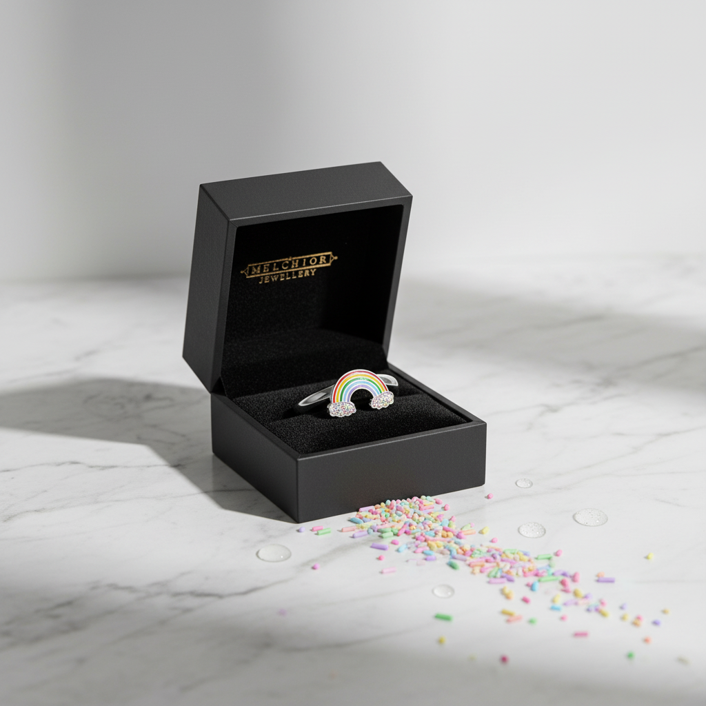 Girls adjustable rainbow ring by Melchior Jewellery in black gift box on marble surface