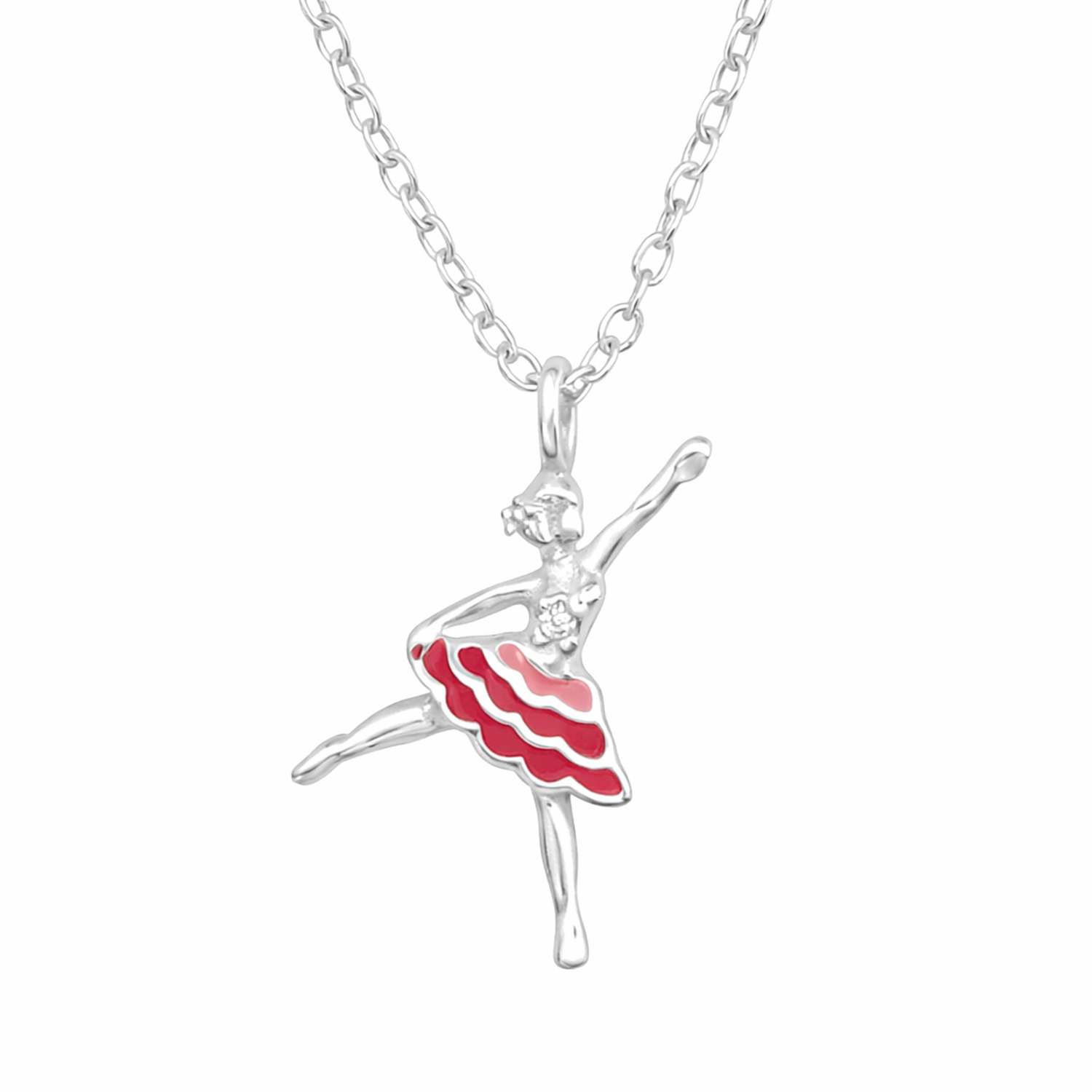 Girls ballerina necklace sterling silver with red and pink enamel skirt on delicate chain by Melchior Jewellery