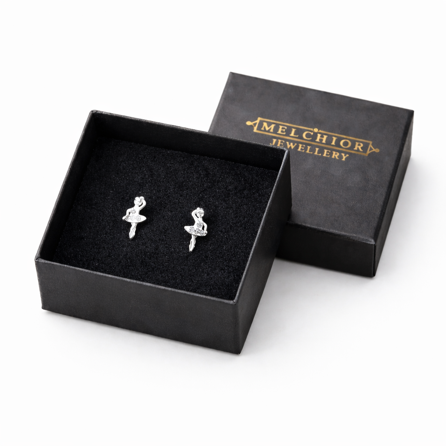 Melchior Jewellery girls ballet dancer earrings in silver displayed in a black presentation box