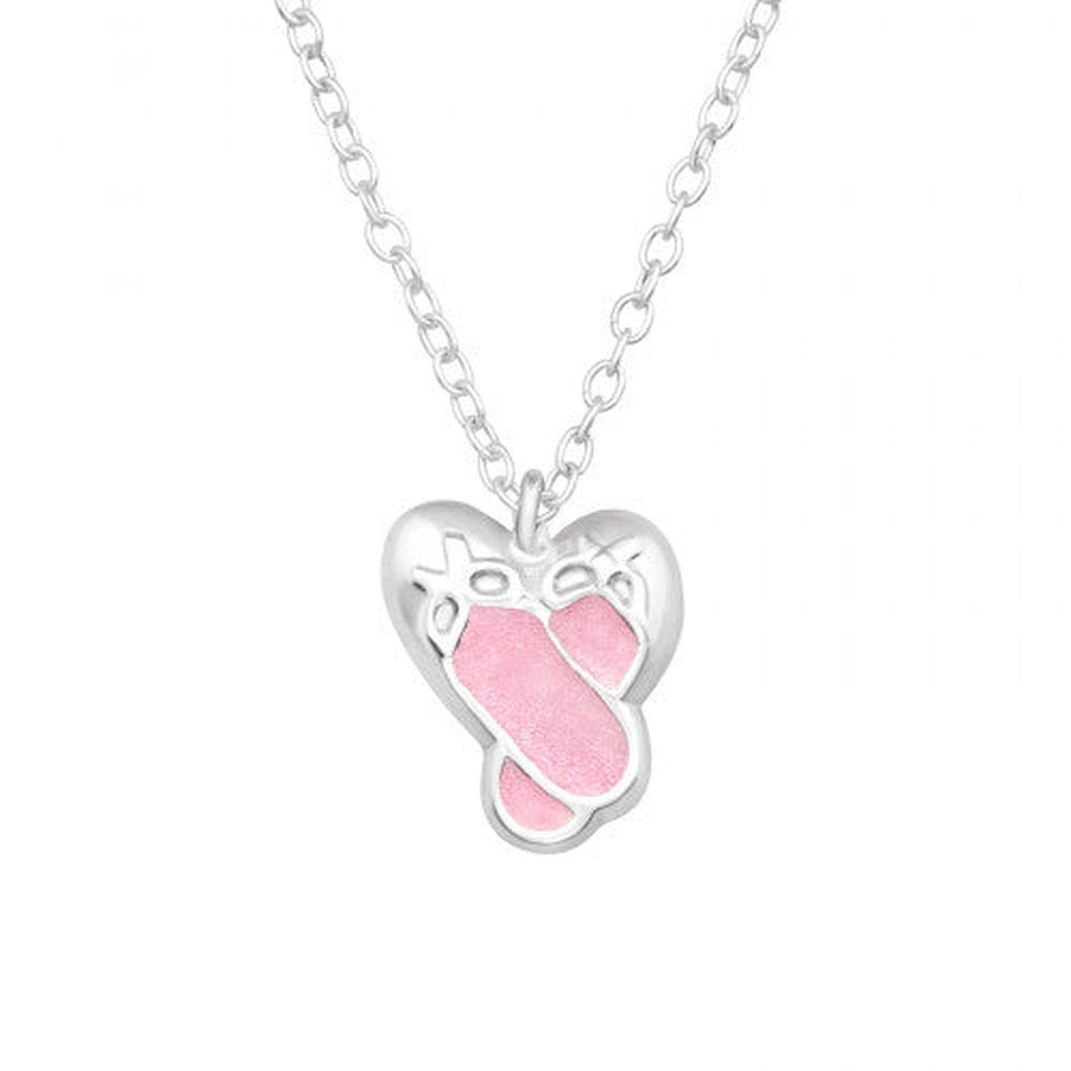 Melchior Jewellery silver girls ballet shoes necklace with pink enamel ballet slippers pendant on chain