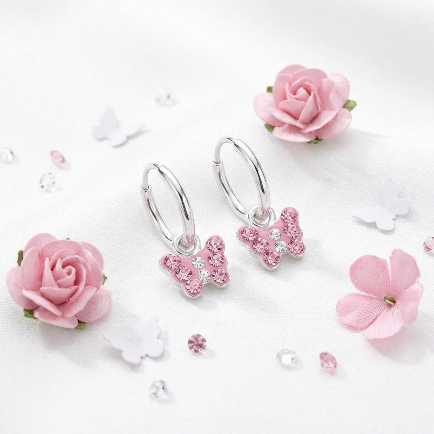 Girls butterfly earrings sterling silver with pink crystal charms by Melchior Jewellery for children