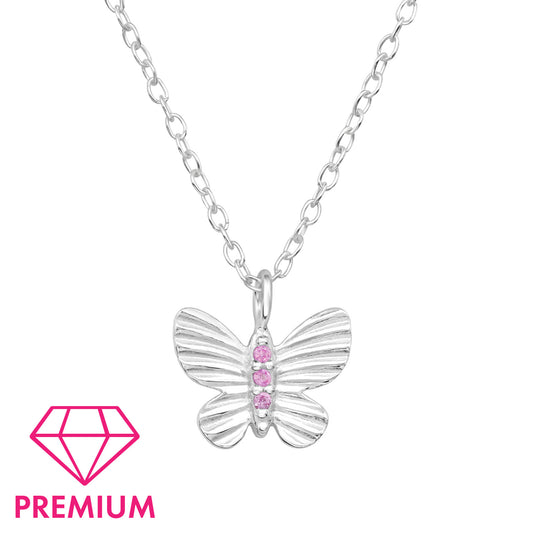 Girls butterfly necklace in sterling silver with pink stones on delicate chain by Melchior Jewellery