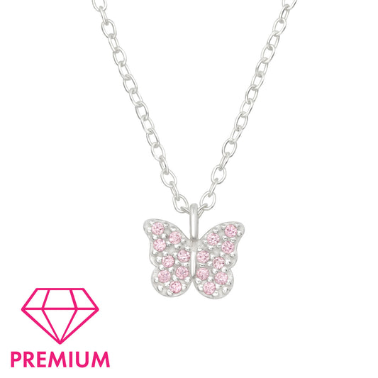 Melchior Jewellery girls butterfly pendant necklace in sterling silver with pink crystal stones on cable chain
