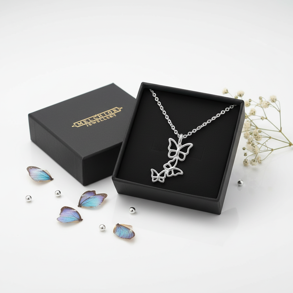 Melchior Jewellery girls butterfly triple pendant necklace in silver displayed in an open black gift box