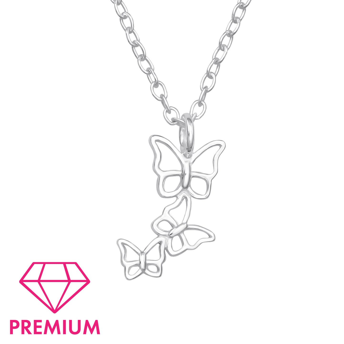 Silver girls butterfly triple pendant necklace by Melchior Jewellery with delicate chain for children
