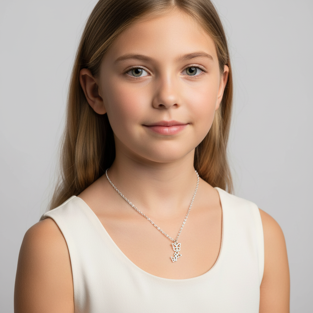 Girls butterfly triple pendant necklace by Melchior Jewellery worn by young girl with long blonde hair